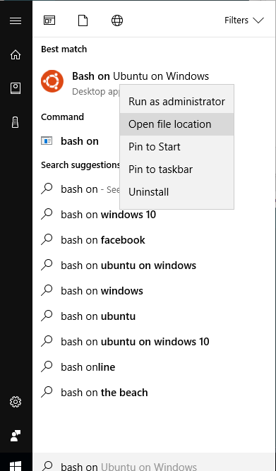 find shortcut for Bash for Windows