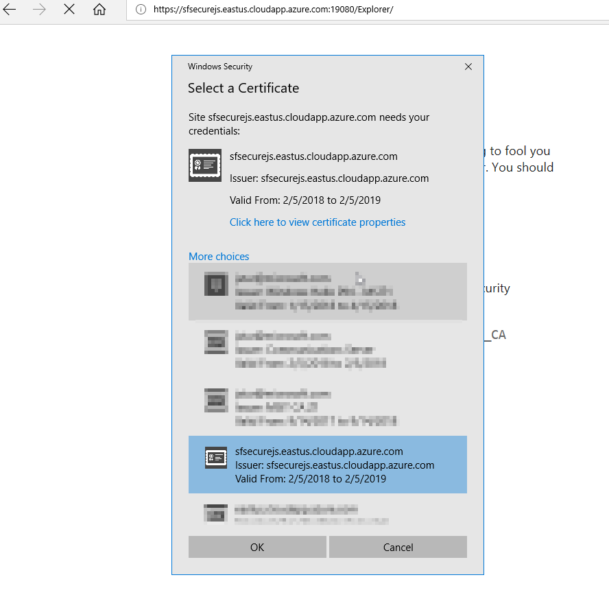 select correct certificate for service fabric explorer