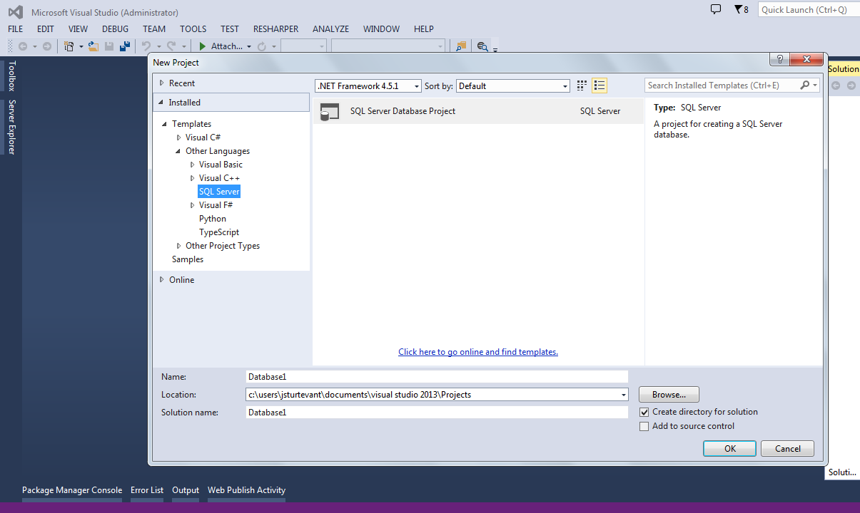 Visual Studio 2013 SQL Server Database Project Template