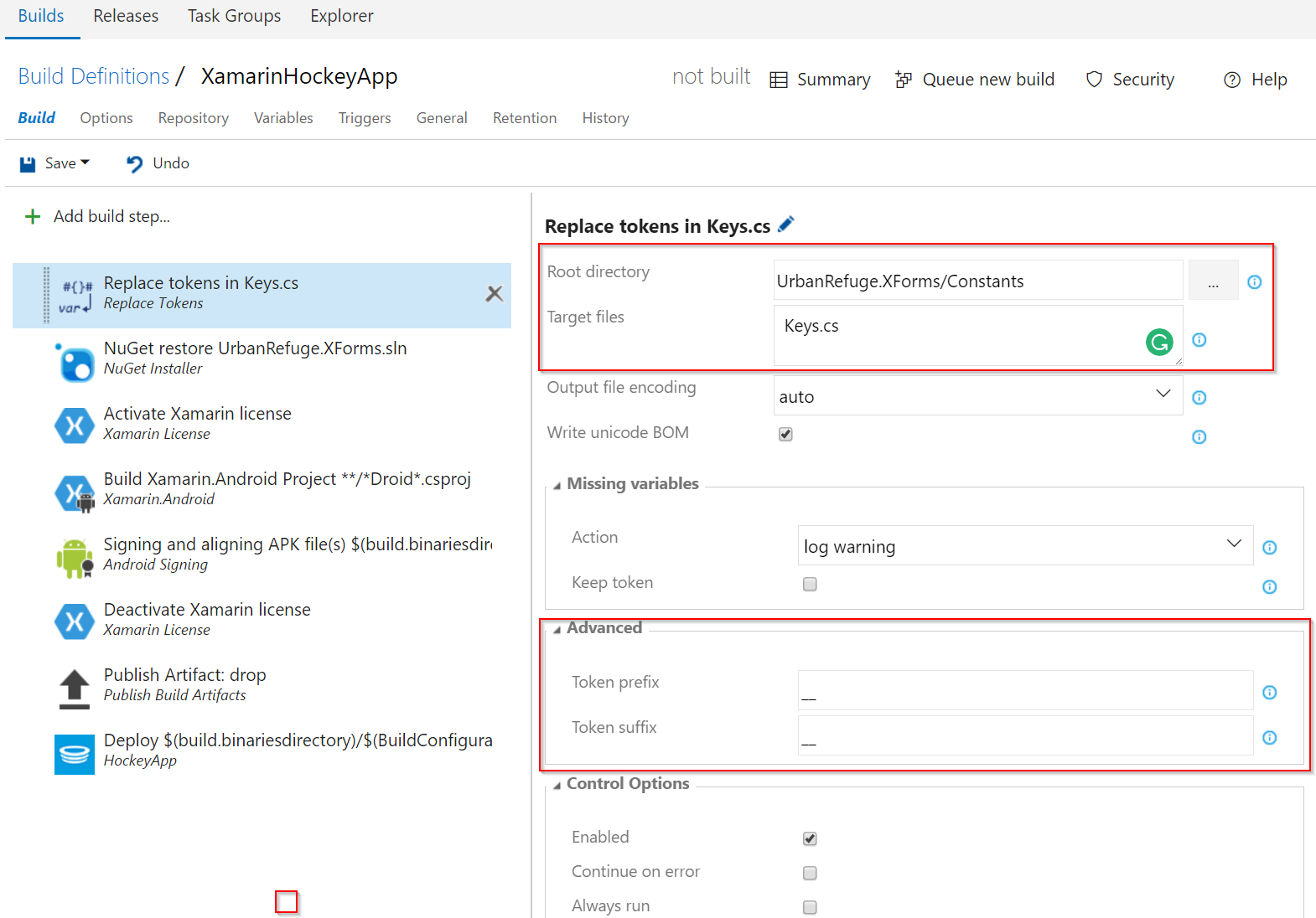 Replace Token Task Configuration