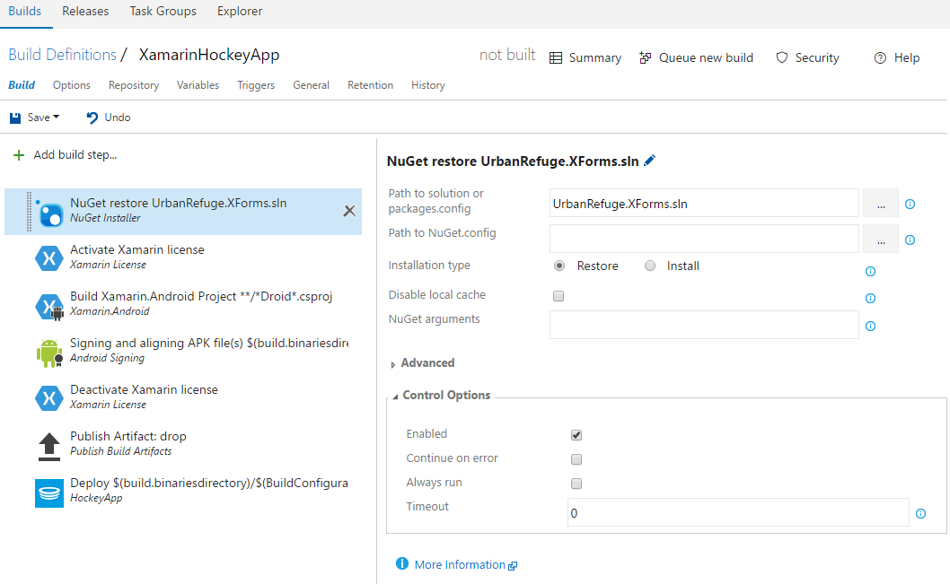 image of steps already configured for VSTS